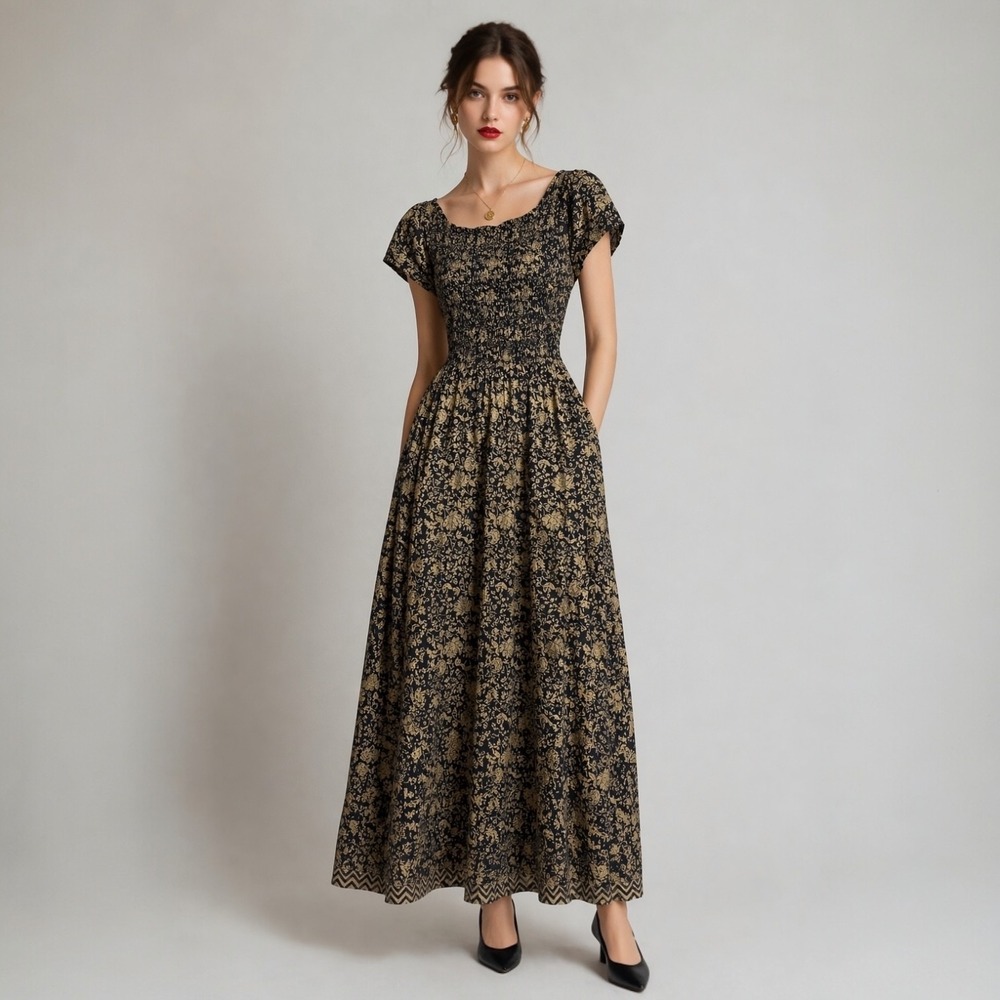 Free People Ultraviolet Maxi Dress L Black Brown Floral Smocked Boho Whimsigoth - Picture 1 of 13